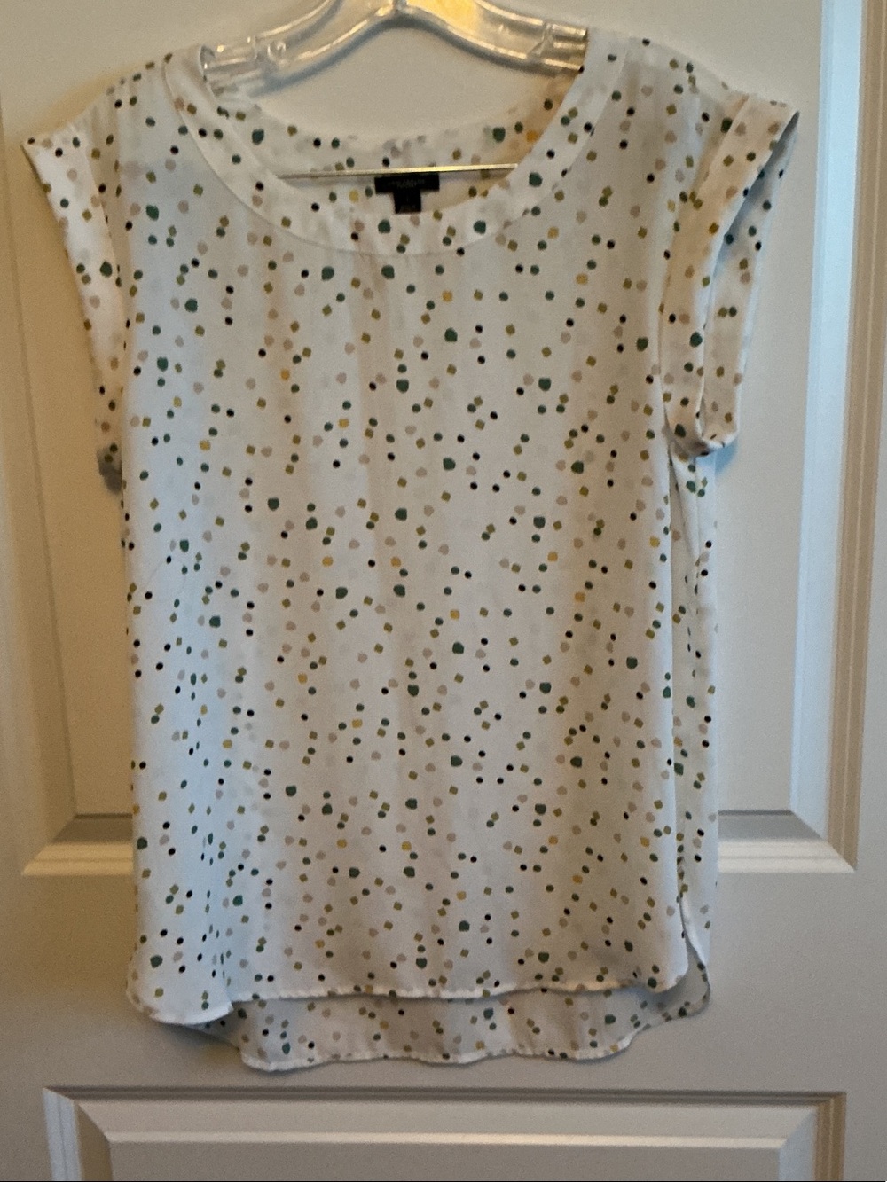 Ann Taylor White Blouse with Green & Gold Polka Dots